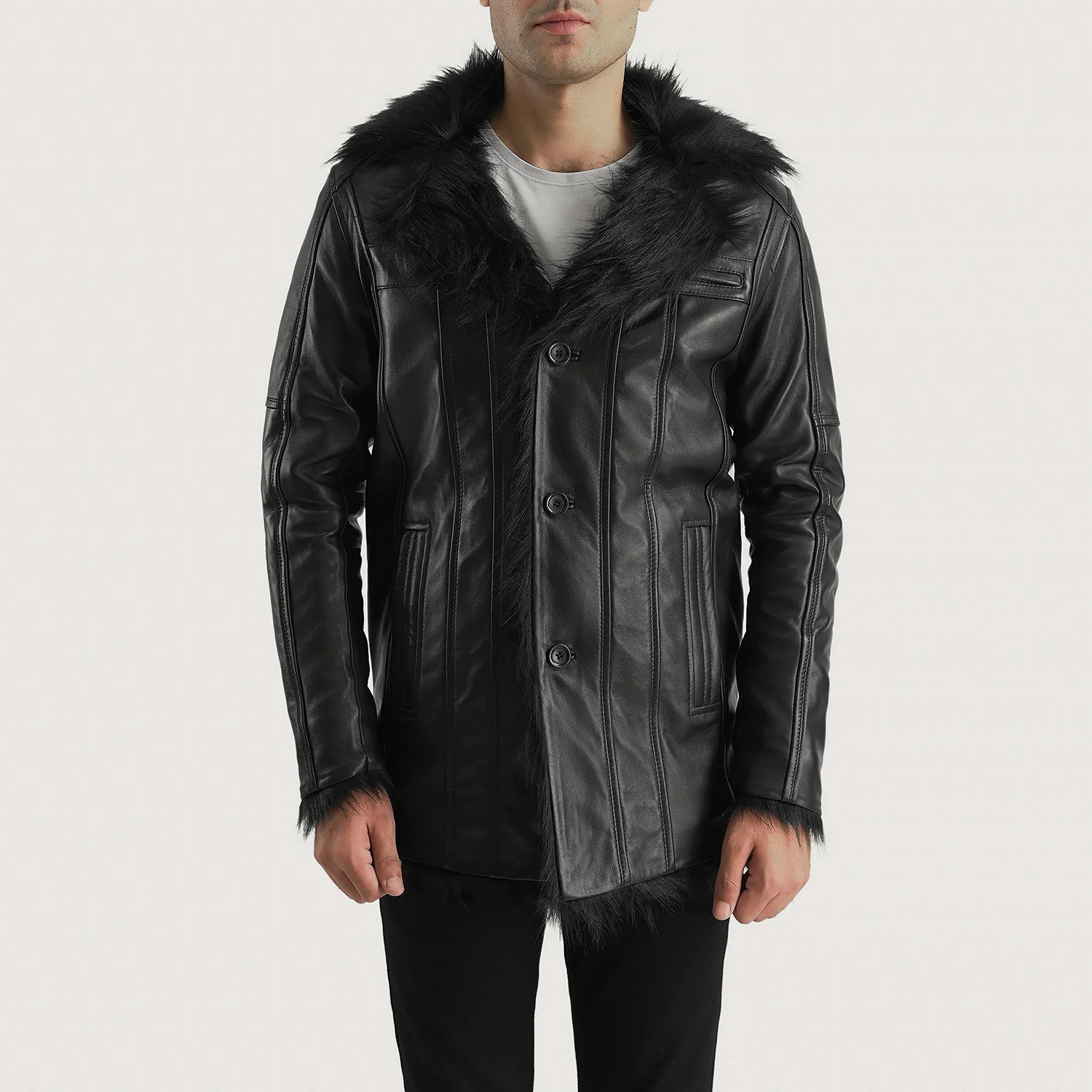 Mens black faux shearling coat discount